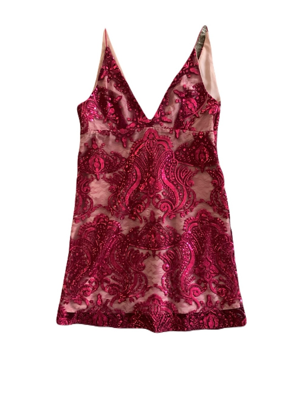 Free People 6 Burgundy Lace Sequin Sequin V-Neck Nude Lined Mini Dress Party